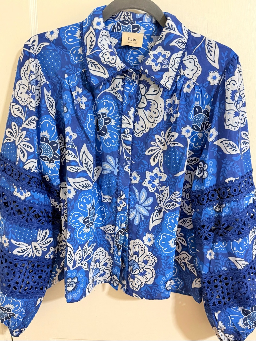 Elie Tahari Blue and White Floral Button-Down Shirt with Lace Insets